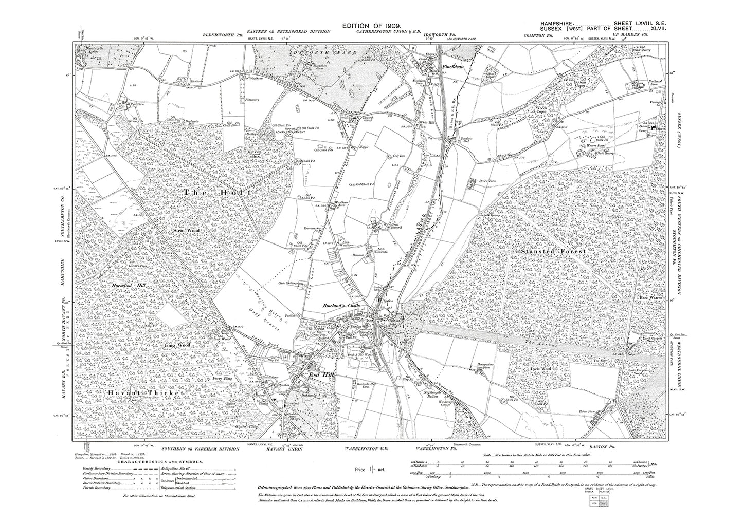Old OS map dated 1909, showing Red Hill, Rowlands Castle, Finchdean in Hampshire - 68SE