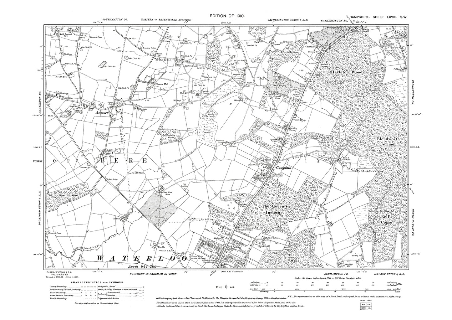 Old OS map dated 1910, showing Cowplain, Waterlooville, Horndean (south), Anmore in Hampshire - 68SW