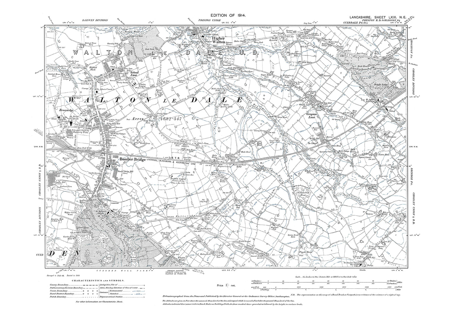 Bamber Bridge, Higher Walton - Lancashire in 1914 : 69NE