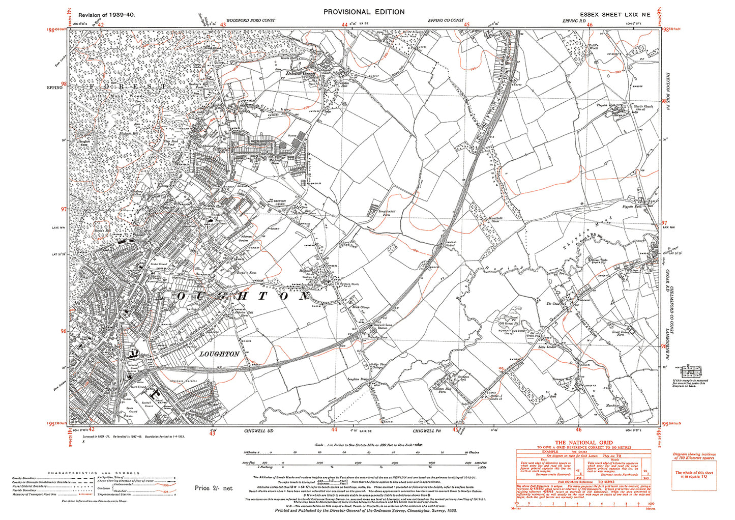 Old OS map dated 1940, showing Loughton and Debden Green in Essex - 69NE