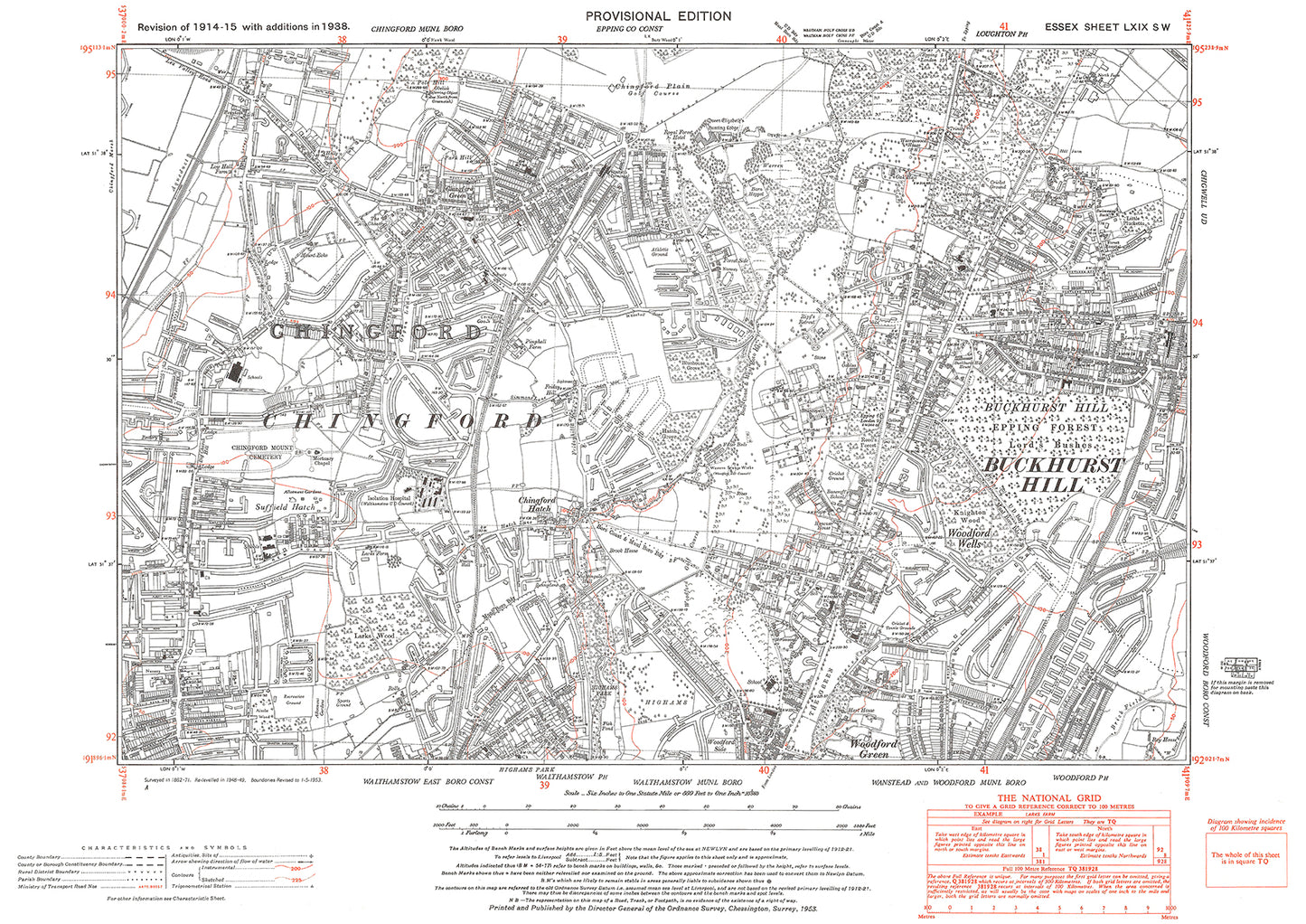 Old OS map dated 1938, showing Chingford, Buckhurst Hill and Woodford Green (north) in Essex - 69SW