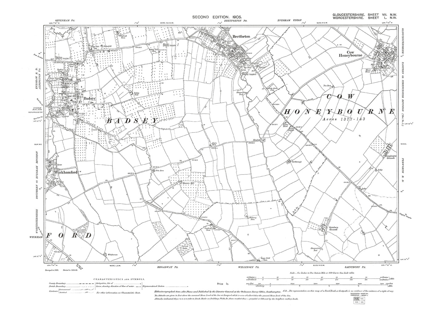 Old OS map dated 1903, showing Badsey, Wickhamford, Bretforton, Cow Honeybourne in Gloucestershire - 7NW