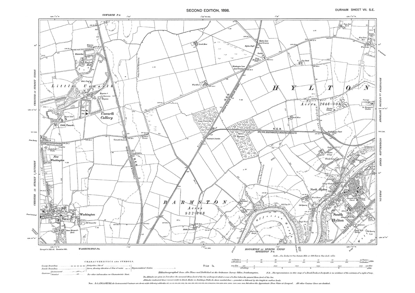 Old OS map dated 1898, showing Washington, South Hylton and Usworth Colliery in Durham - 7SE
