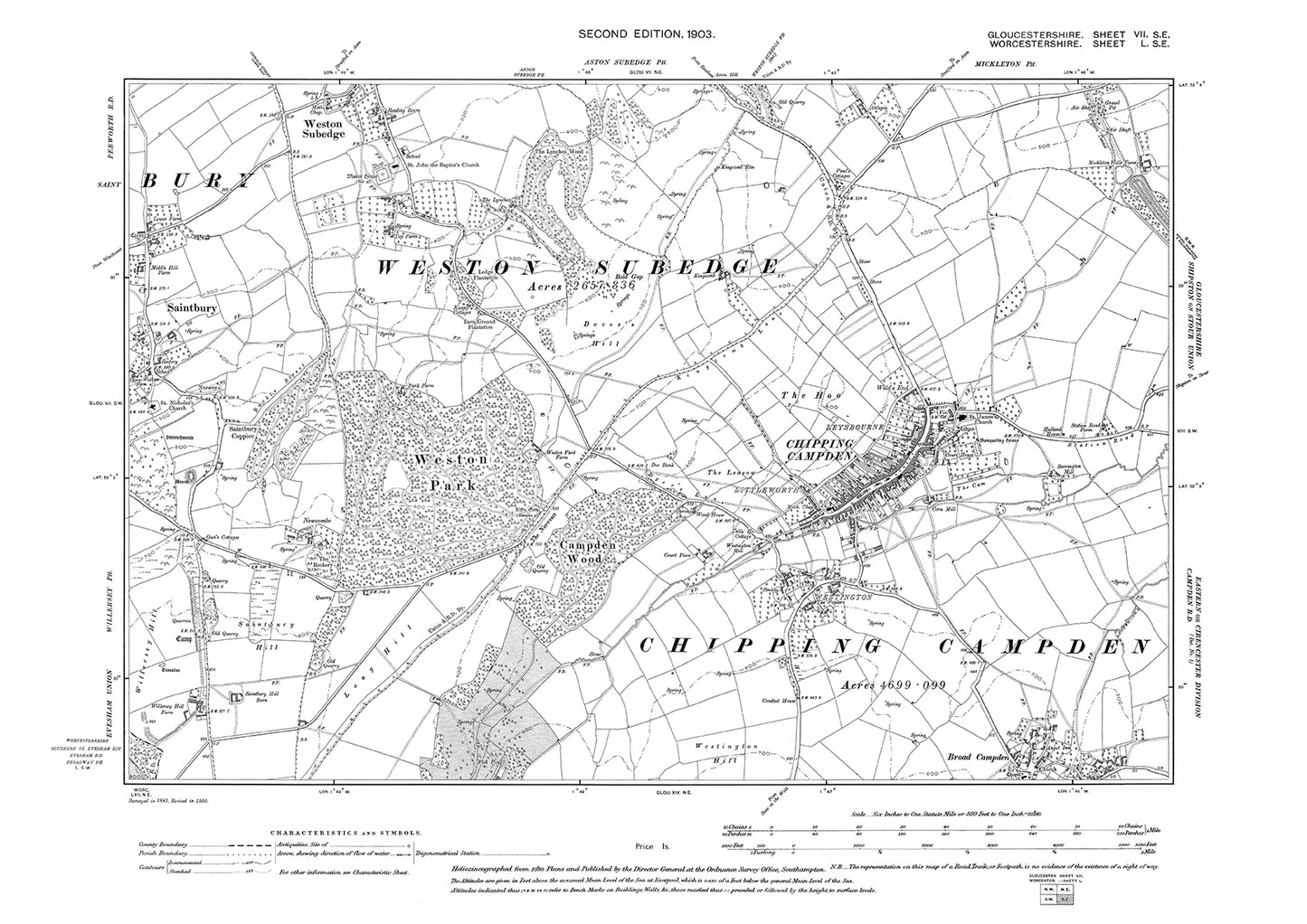 Old OS map dated 1903, showing Saintbury, Weston Subedge, Chipping Campden, Broad Campden (north) in Gloucestershire - 7SE