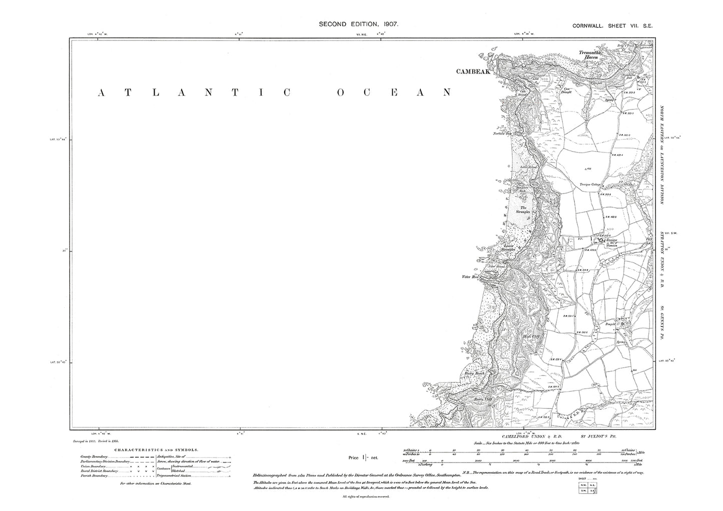 Cambeak, Trevigue, The Strangles, old map Cornwall 1907: 7SE