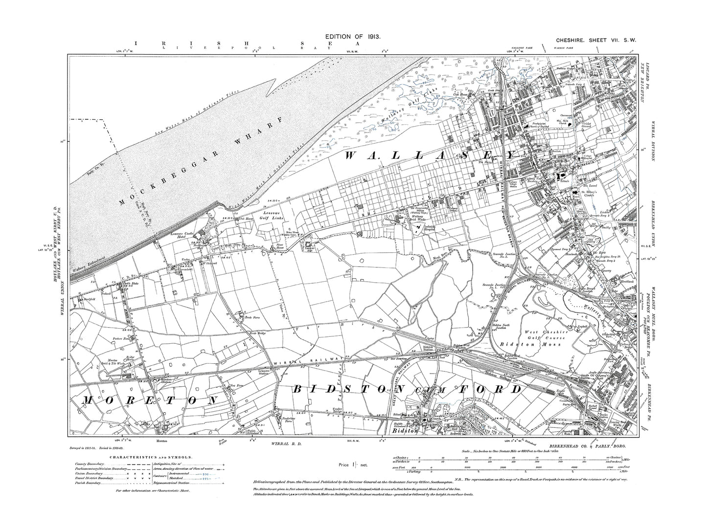 Old OS map dated 1913, showing Wallasey Village, New Brighton (southwest) in Cheshire 7SW
