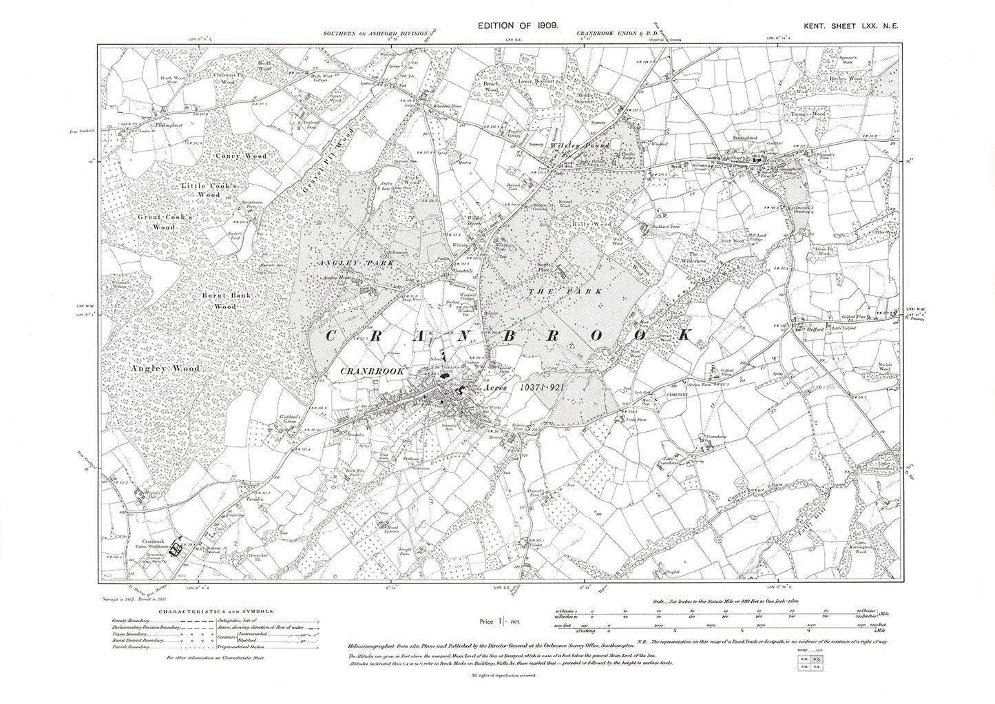 Cranbrook, Sissinghurst, old map Kent 1909: 70NE