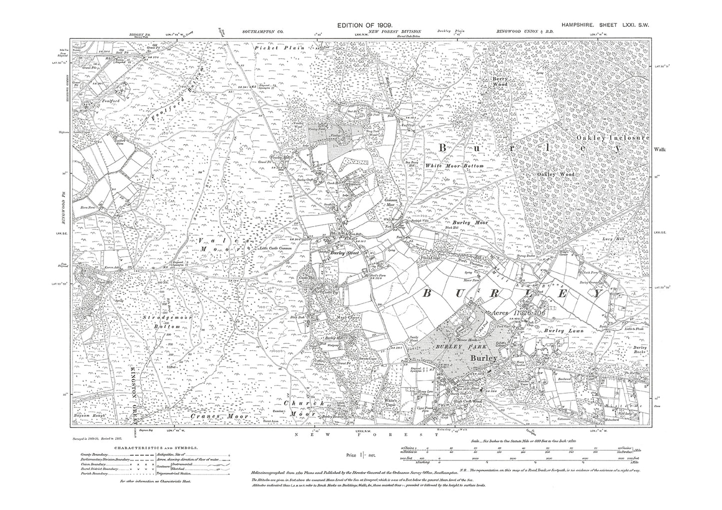 Old OS map dated 1909, showing Burley, Burley Street in Hampshire - 71SW