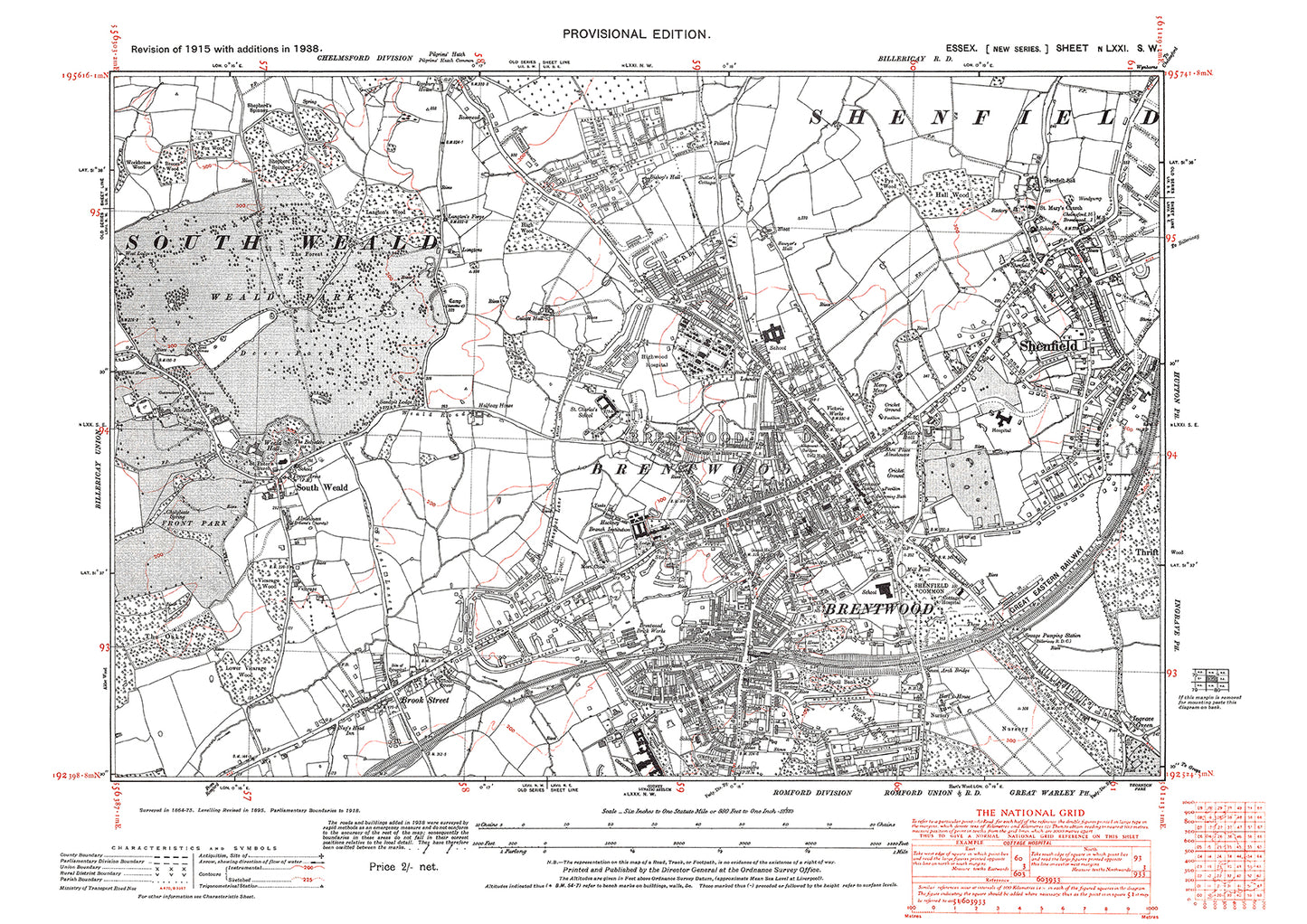 Old OS map dated 1938, showing Brentwood, Shenfield and South Weald in Essex - 71SW