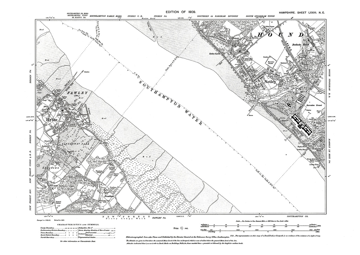 Old OS map dated 1909, showing Netley, Hythe in Hampshire - 73NE