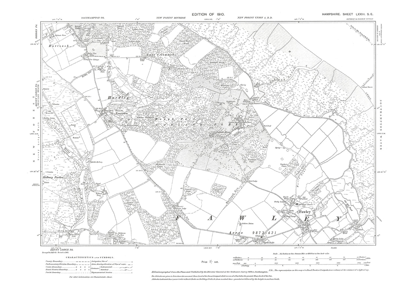 Old OS map dated 1910, showing Hardley, Fawley, Buttsash in Hampshire - 73SE