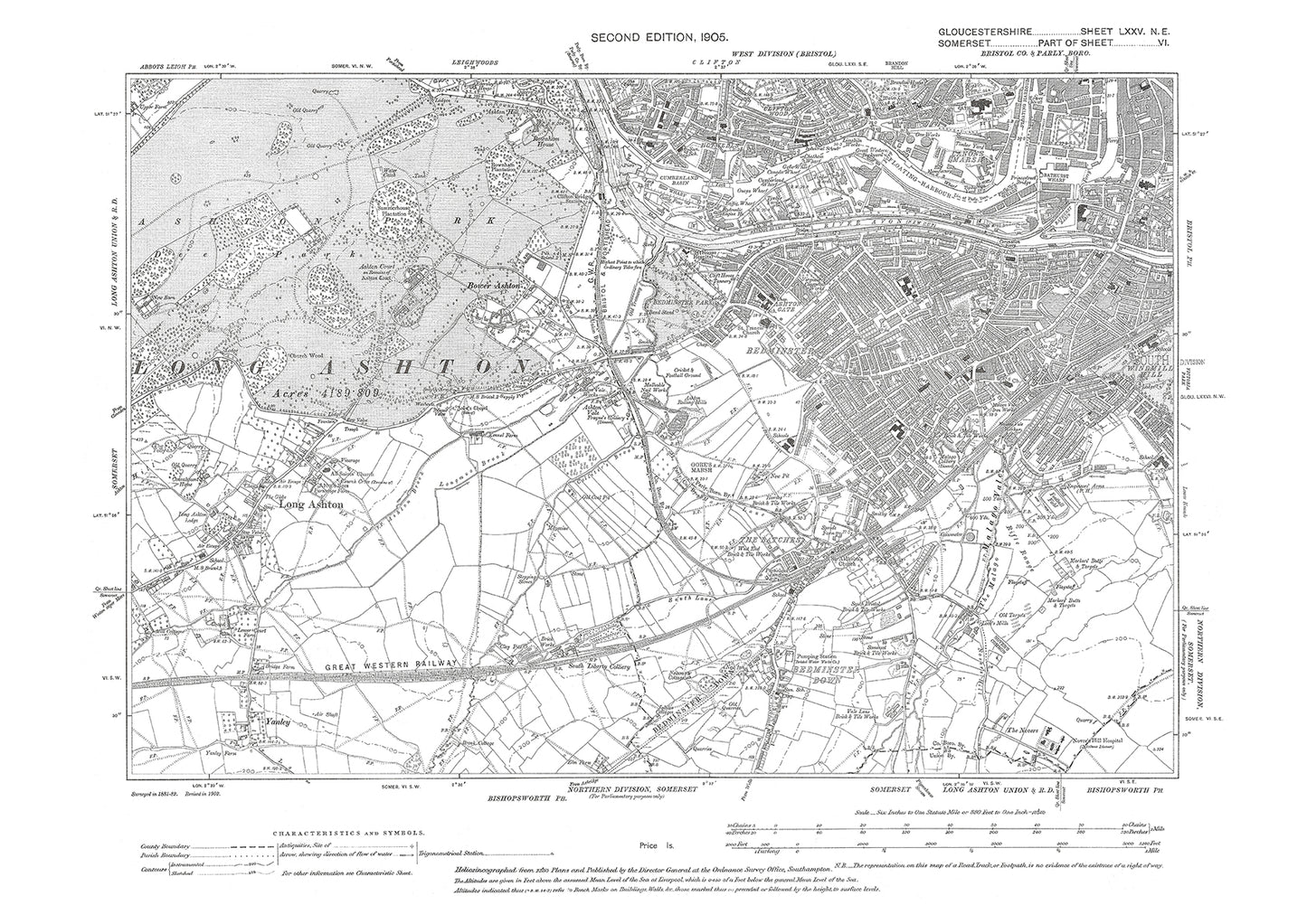 Old OS map dated 1905, showing Bristol Bedminster, Long Ashton in Gloucestershire - 75NE