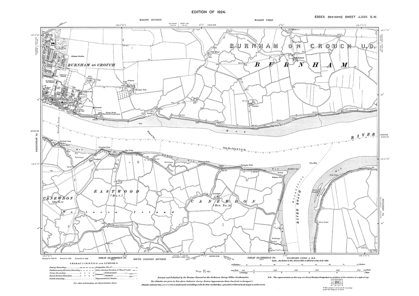 Old OS map dated 1924, showing Burnham on Crouch (east) in Essex - 75SW