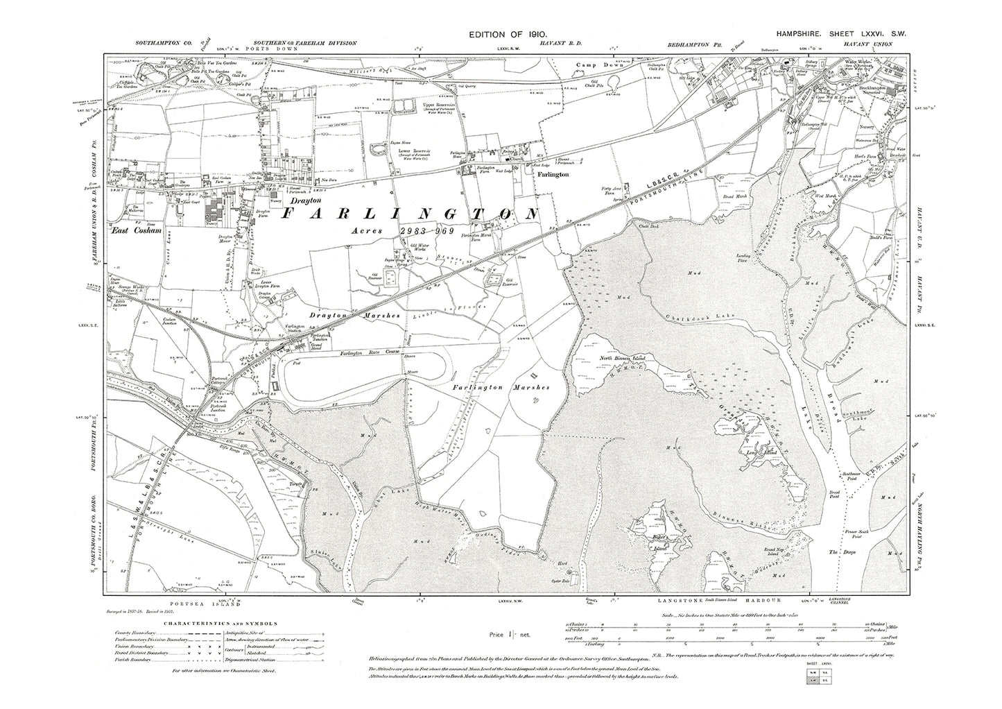 Old OS map dated 1910, showing Bedhampton (south), East Cosham, Drayton in Hampshire - 76SW
