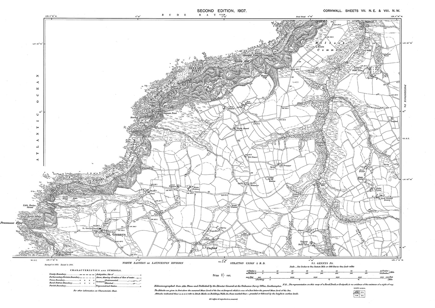 St. Gennys, Coxford, Dizzard, Millook Common, old map Cornwall 1907: 7NE-8NW
