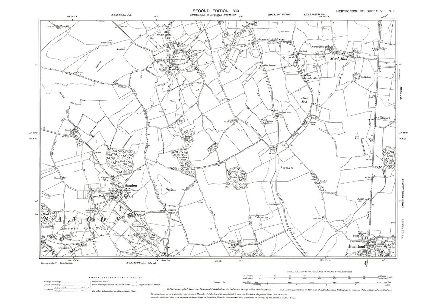 Old OS map dated 1899, showing Kelshall, Sandon, Buckland in Hertfordshire - 8NE