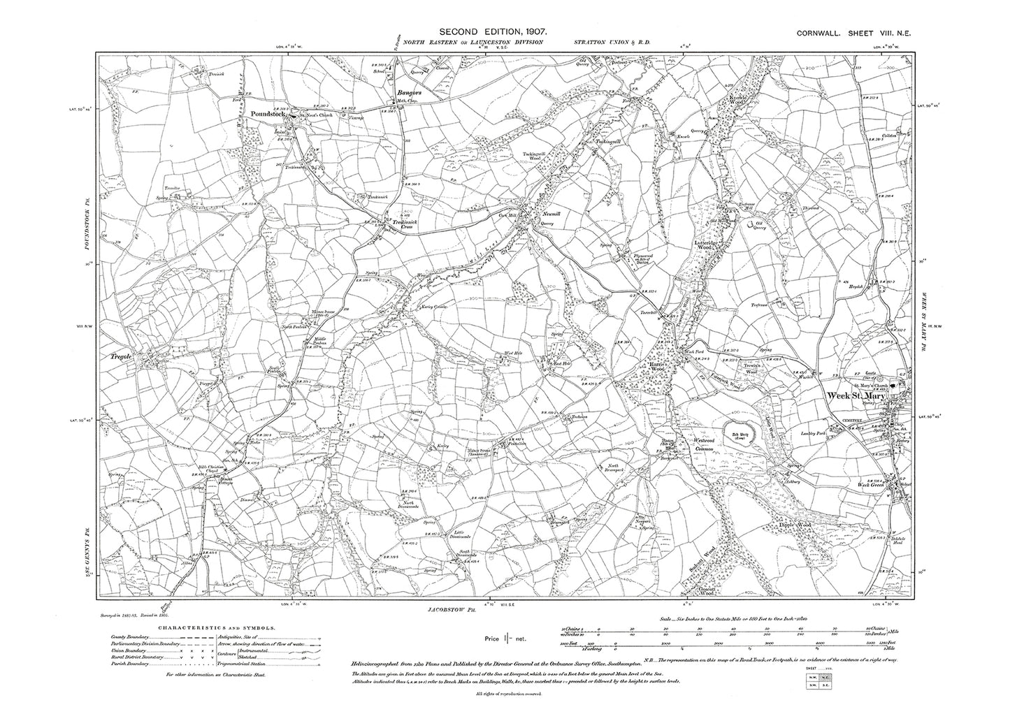 Poundstock, Week St. Mary (west), Treskinnick Cross, Bangors, old map Cornwall 1907: 8NE