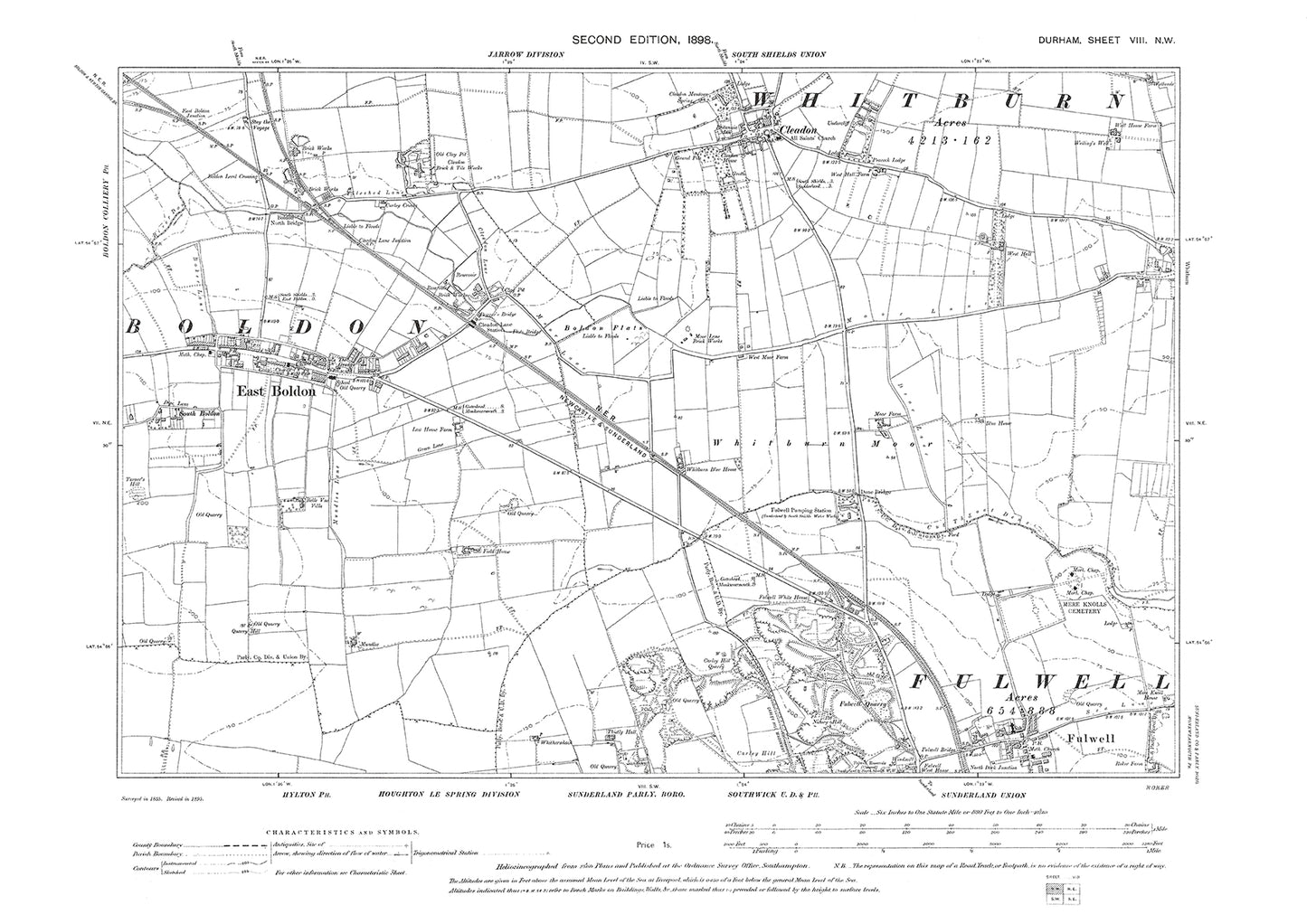 Old OS map dated 1898, showing East Boldon, Cleadon and Fulwell (north) in Durham - 8NW
