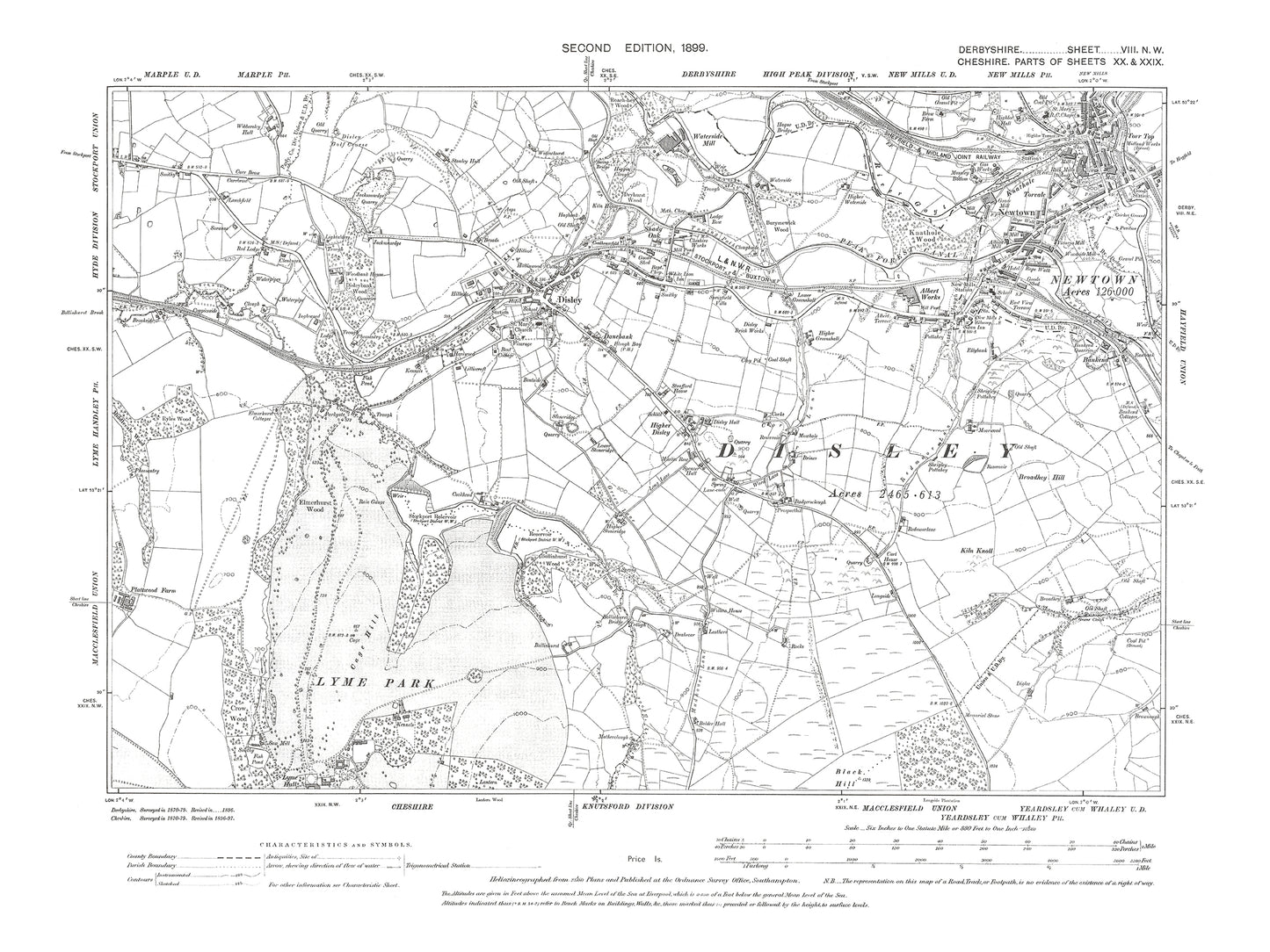 Old OS map dated 1899, showing New Mills (south) Newtown in Derbyshire 8NW