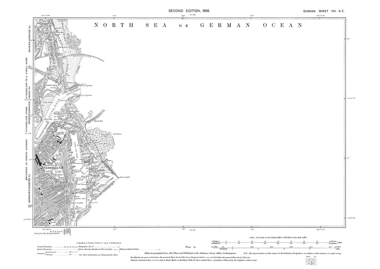 Old OS map dated 1898, showing Sunderland, Hudson and Hendon Docks in Durham - 8SE