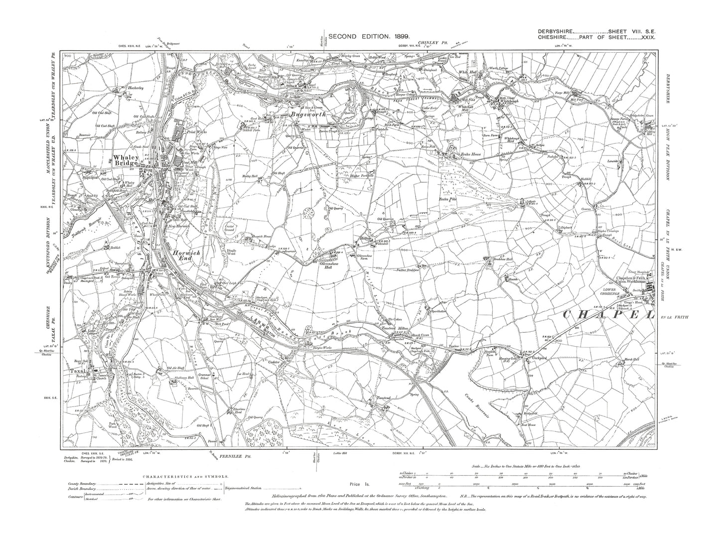 Old OS map dated 1899, showing Bugsworth, Whaley Bridge in Derbyshire 8SE