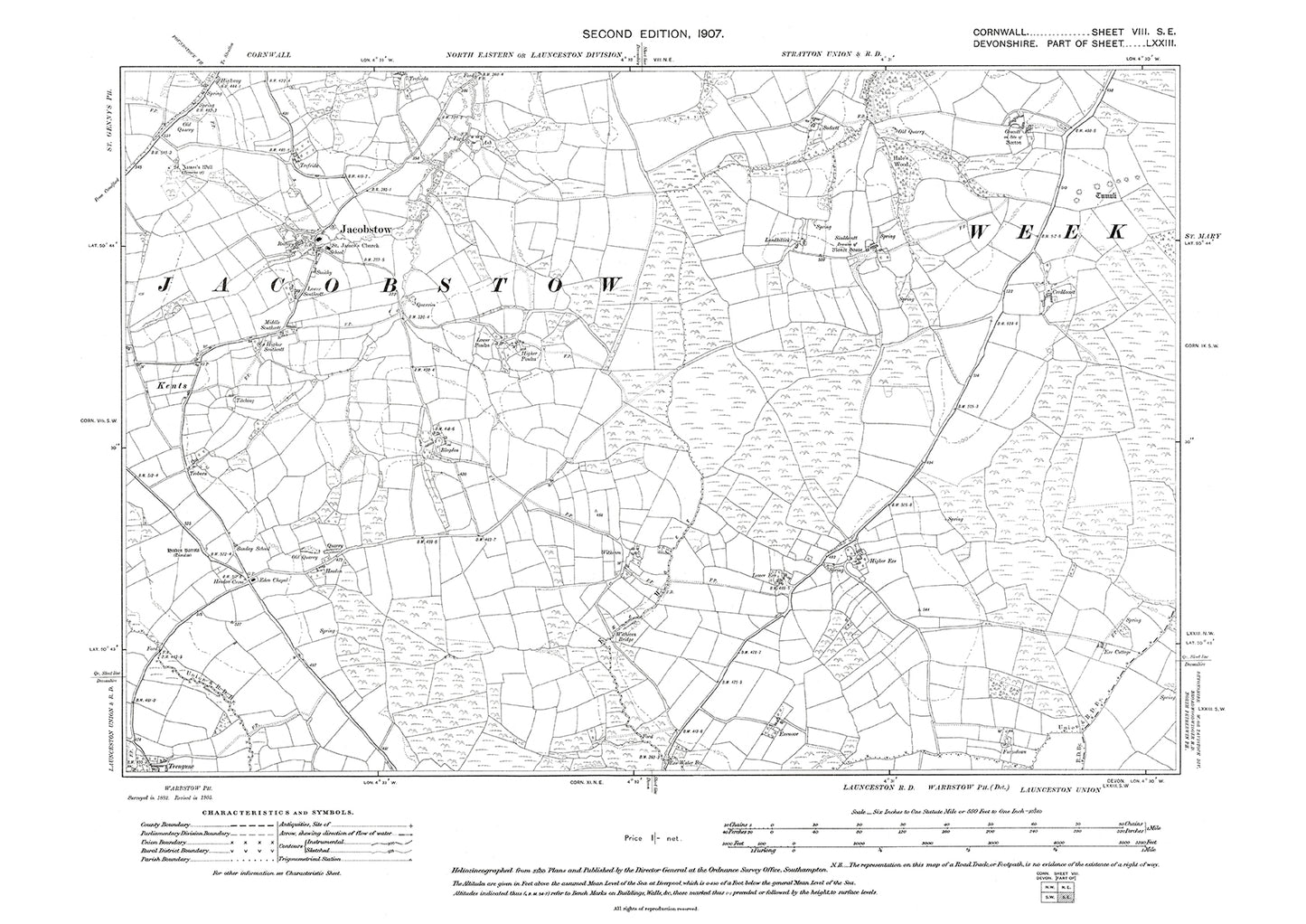 Jacobstow, Kents, old map Cornwall 1907: 8SE
