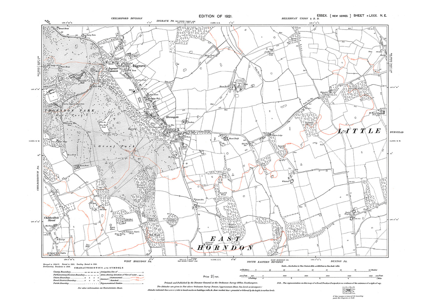 Old OS map dated 1921, showing Ingrave and Herongate in Essex - 80NE