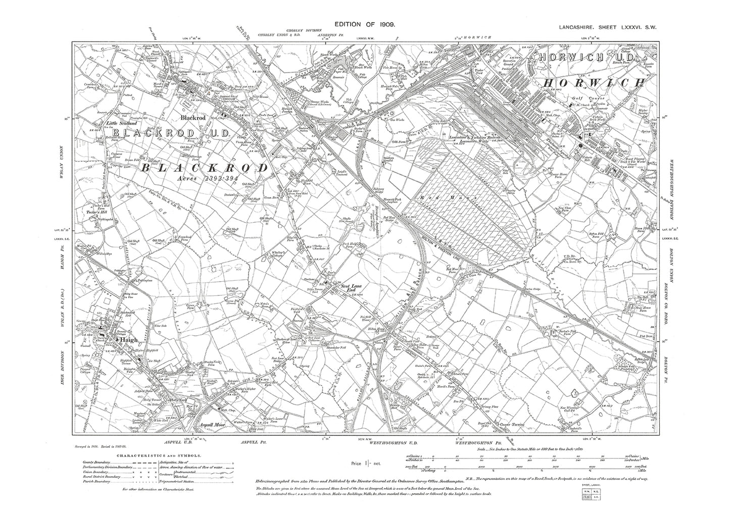 Horwich (south), Blackrod, Haigh - Lancashire in 1909 : 86SW