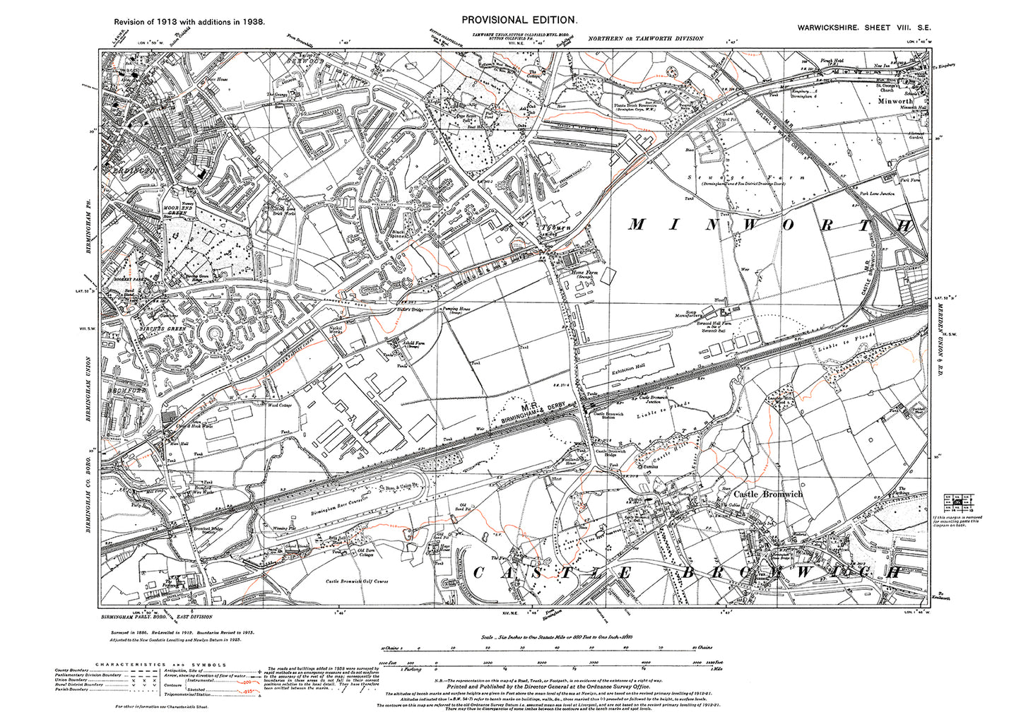 Birmingham, Erdington, Castle Bromwich, Tyburn, Minworth (west), old map Warwickshire 1938: 8SE