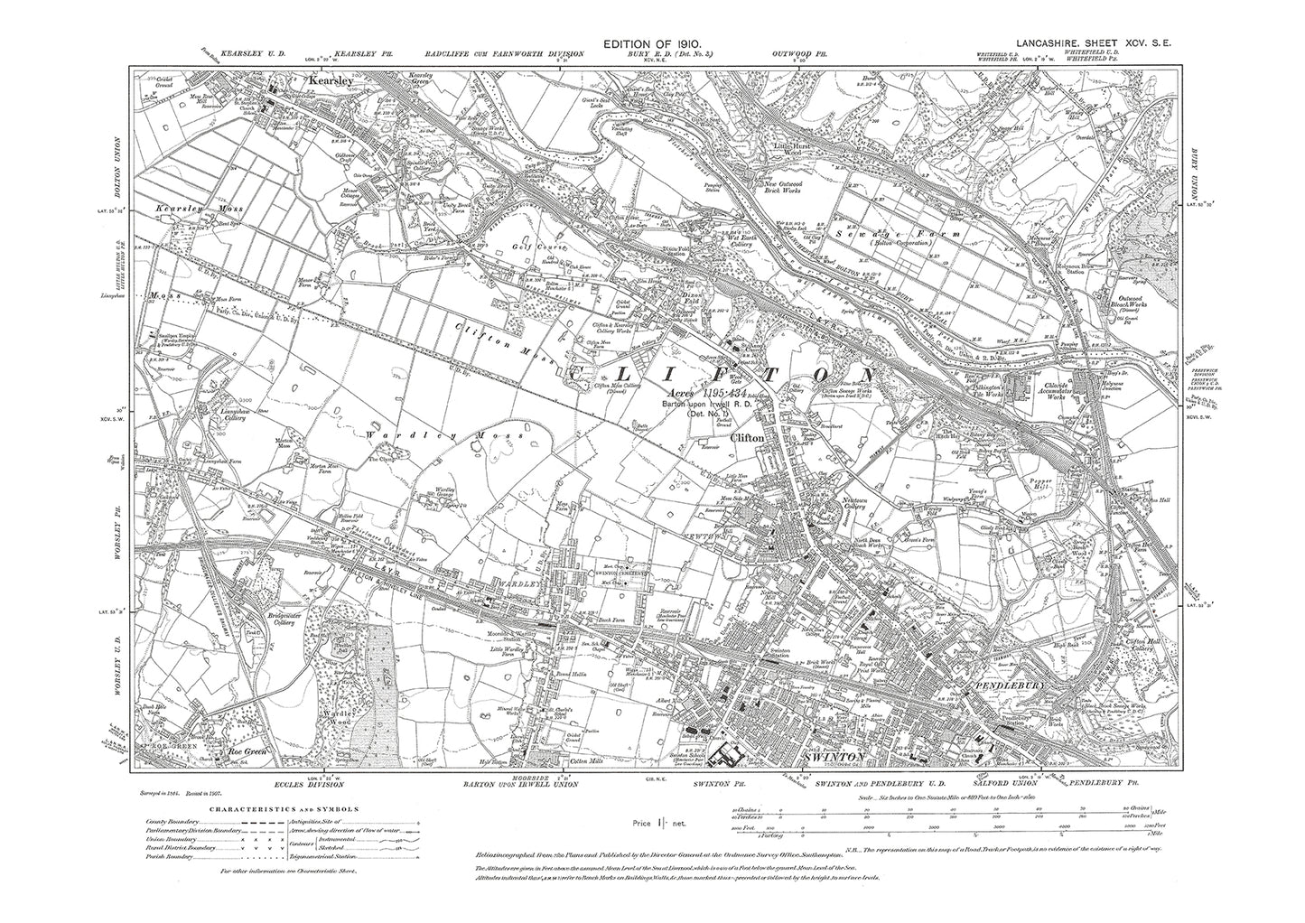 Kearsley (south), Swinton (north), Clifton - Lancashire in 1909 : 95SE
