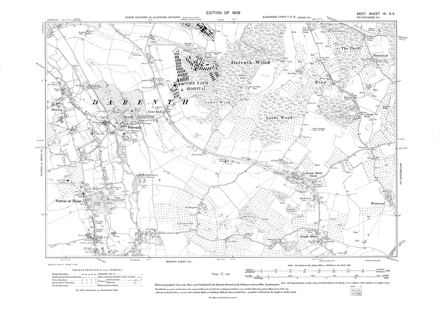 Darenth, Gore Farm Hospital, Sutton at Hone, Green Street Green, Grubb Street, Westwood, old map Kent 1909: 9SE