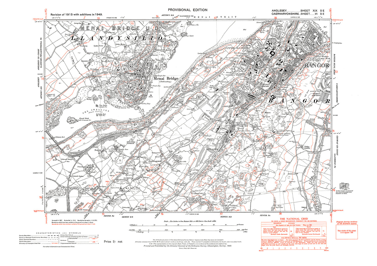 Menai Bridge, Bangor (Caernarvonshire), old map Anglesey 1949: 19SE