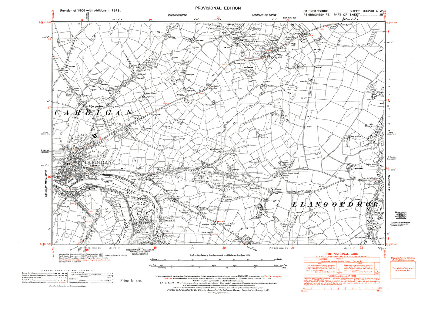 Cardigan, old map Cardigan 1948: 38NW