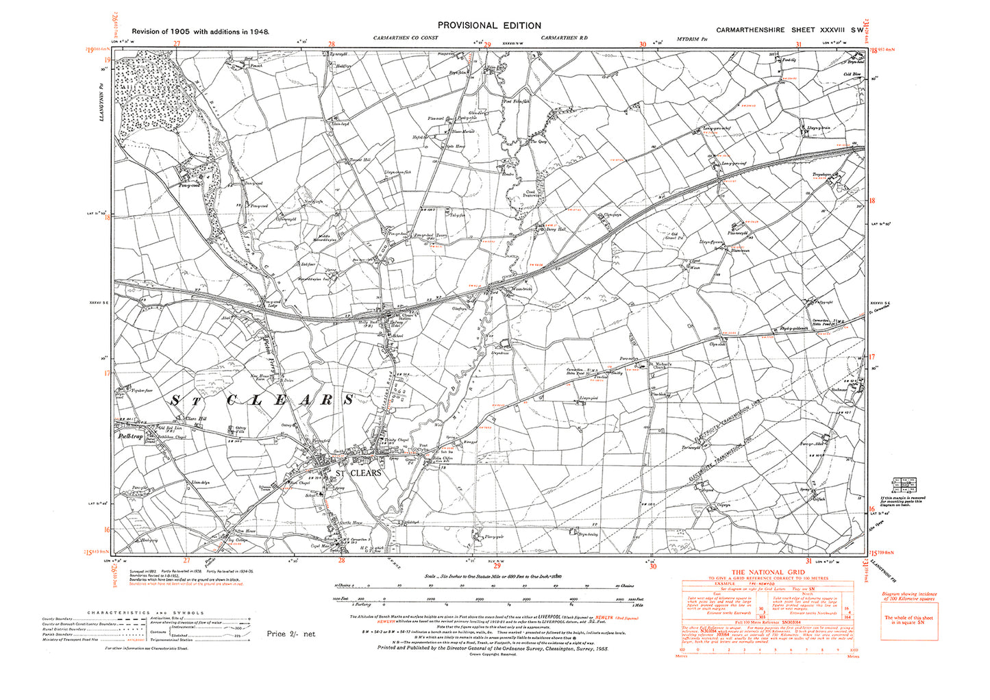 St Clears, old map Carmarthen 1948: 38SW