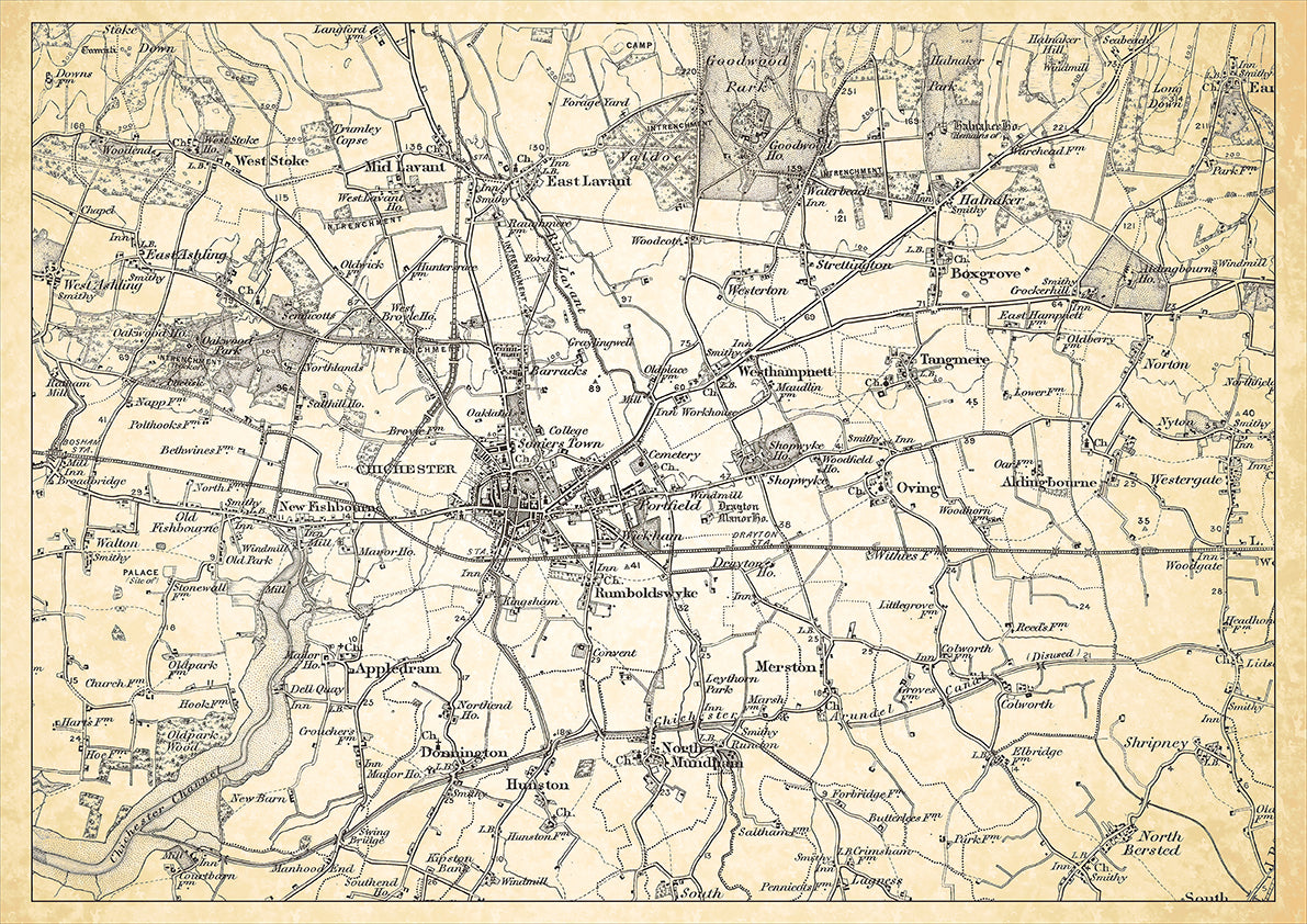 Chichester in 1898, showing the town and the surrounding area