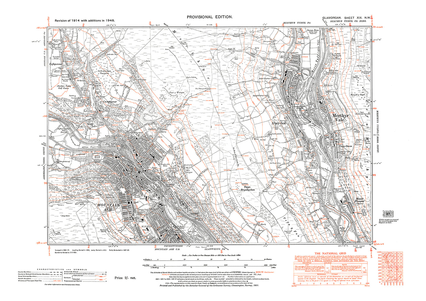 Mountain Ash (north), Merthyr Vale, Aber-fan, old map Glamorgan 1948: 19NW