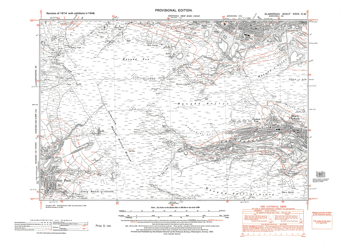 Ystrad-Rhondda (south), Gelli, Blaen Clydach, Price Town, old map Glamorgan 1948: 27NW