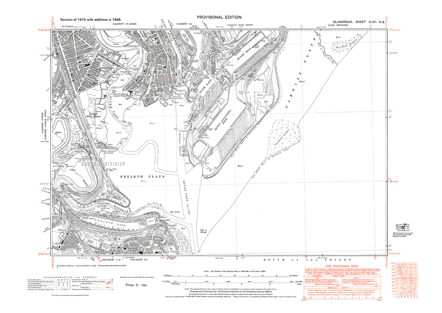 Cardiff, Penarth Flats, old map Glamorgan 1947: 47NE