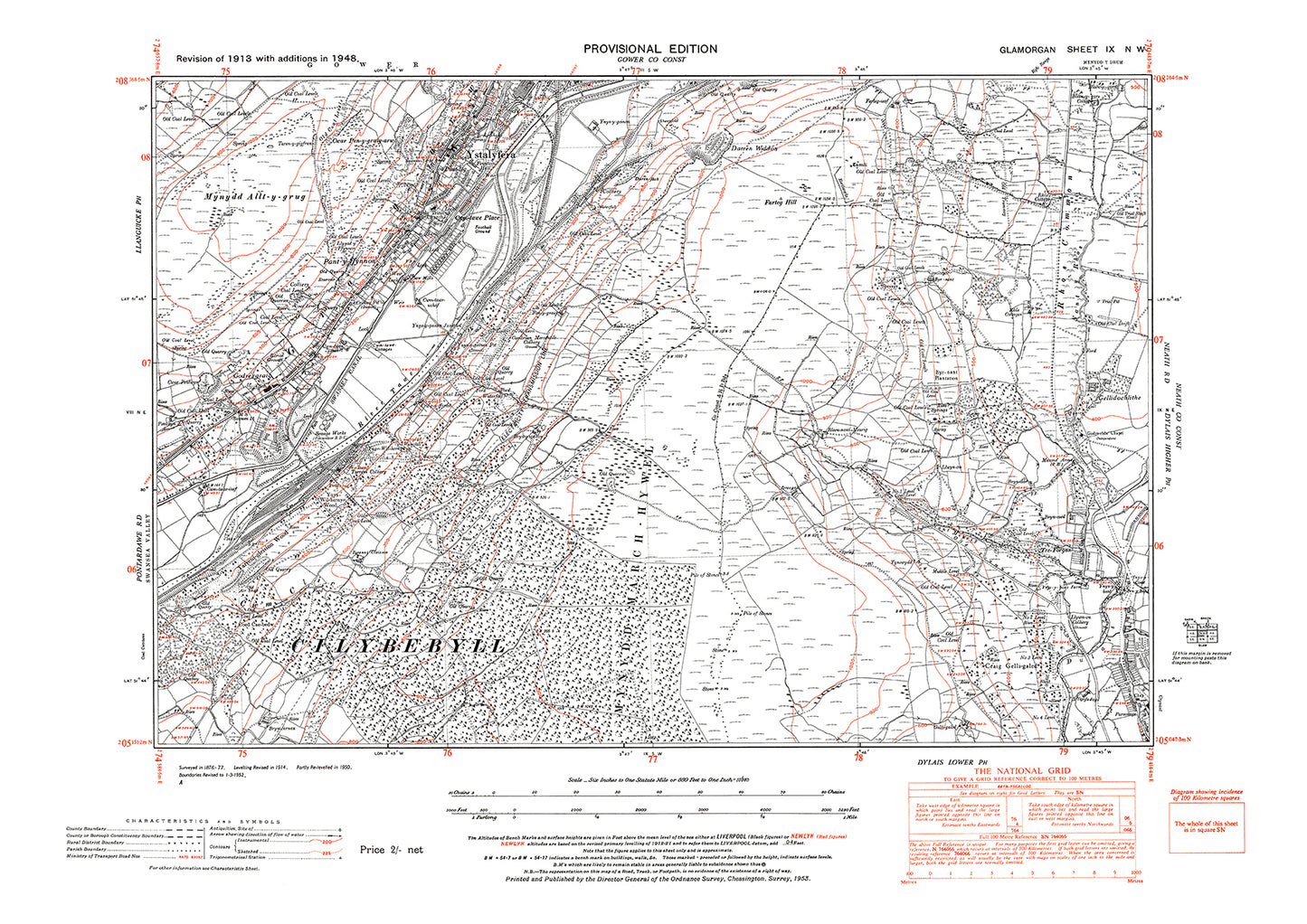 Ystalyfera, Crynant west, old map Glamorgan 1948: 9NW