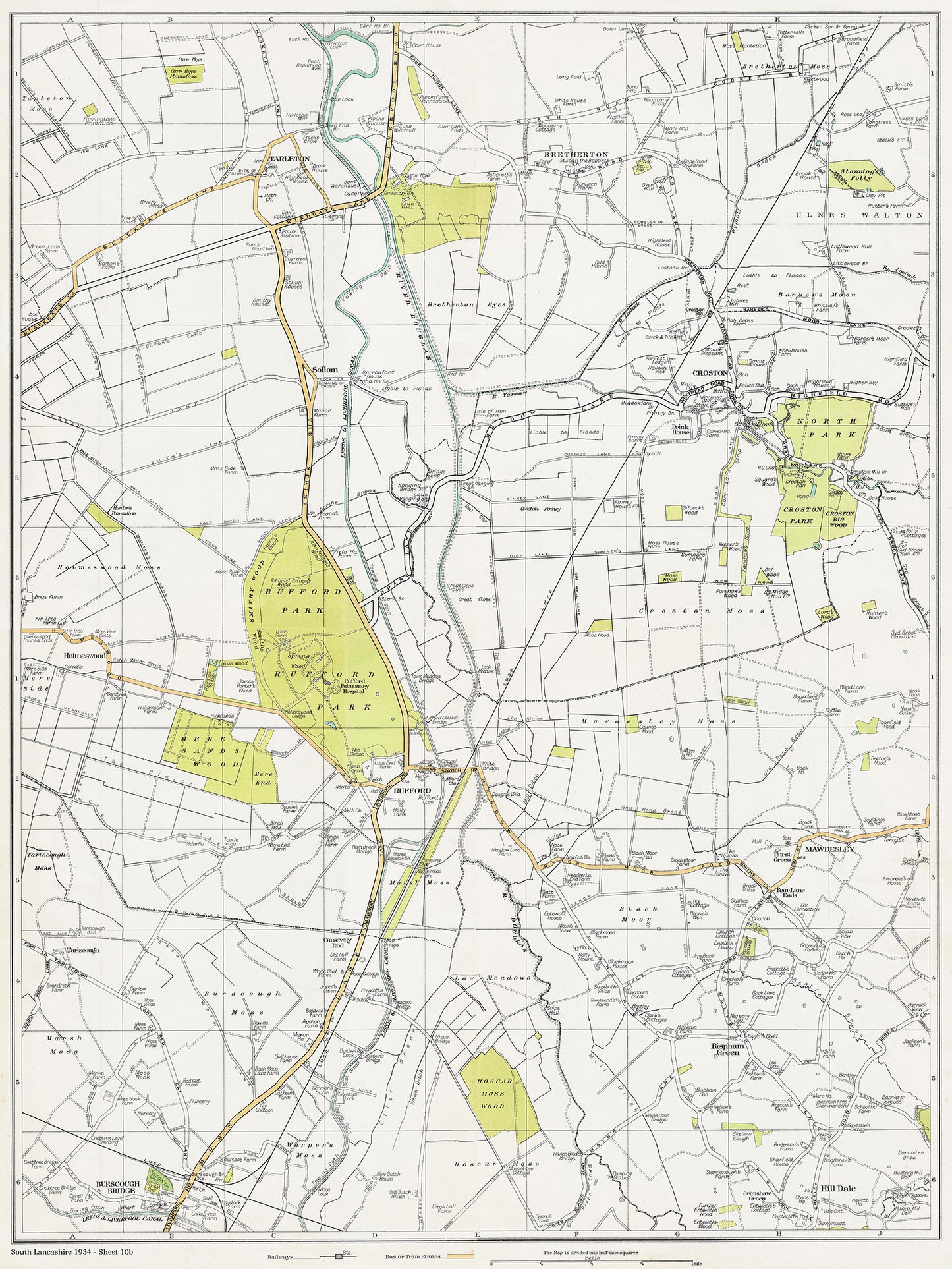 Lancashire (south) 1934 Series - Tarleton, Bretherton, Sollom, Croston, Rufford, Burscough Bridge, Bispham Green, Mawdesley area - sheet 10b