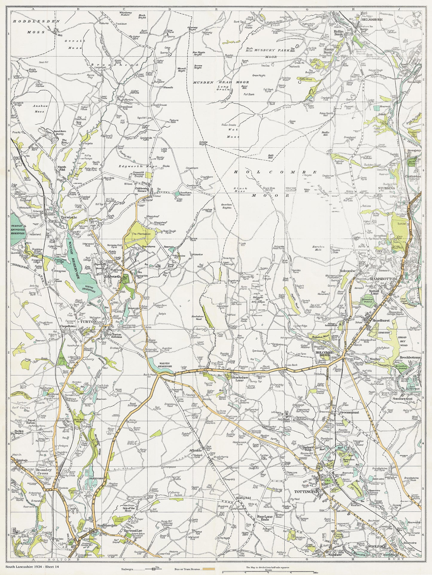 Lancashire (south) 1934 Series - Entwhistle, Edgworth, Turton, Hawkshaw Lane, Bromley Cross, Tottington, Holcombe Brook, Ramsbottom (west), Stubbins, Helmshore (south) area - sheet 14
