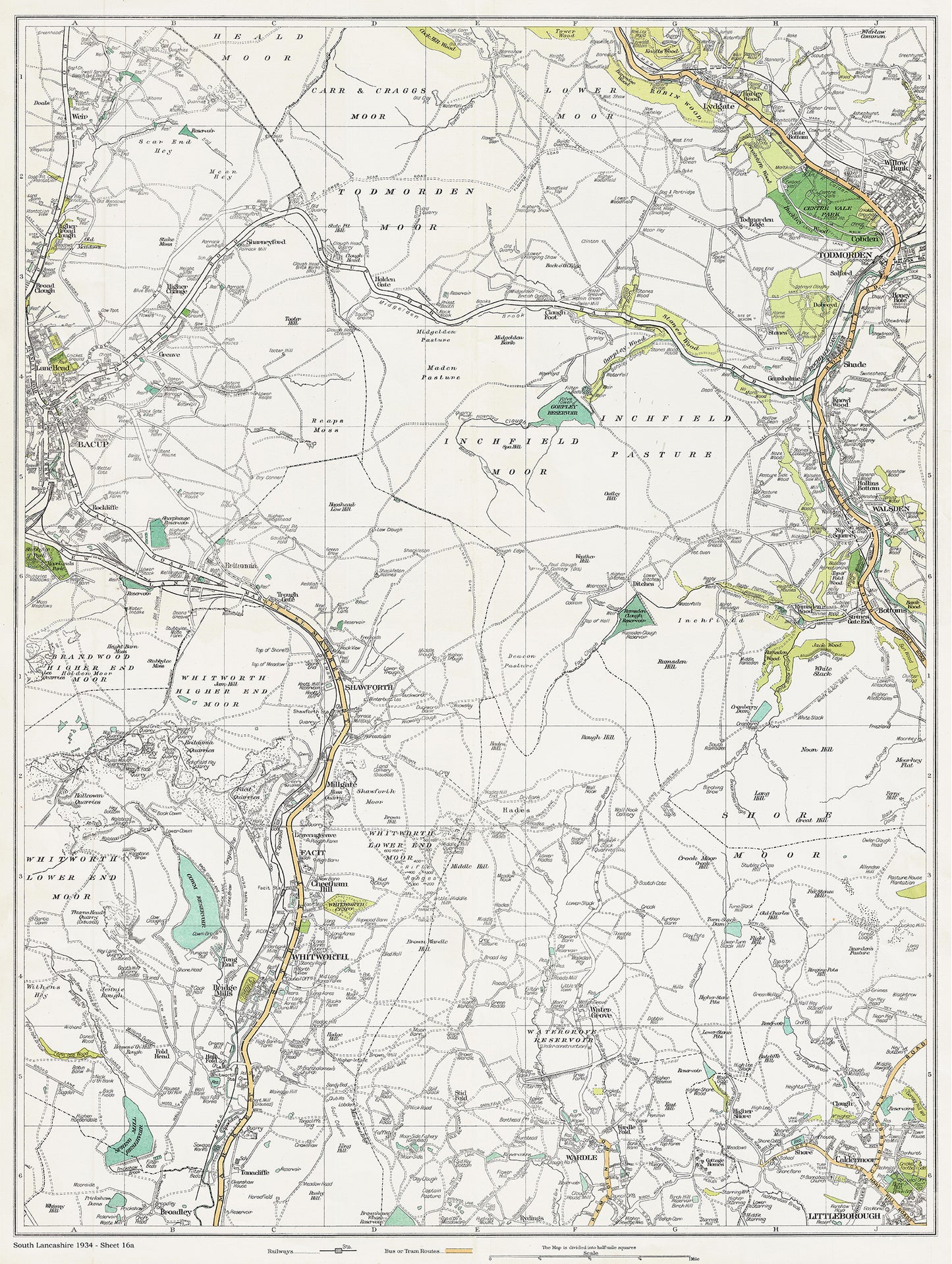 Lancashire (south) 1934 Series - Bacup (east), Shawforth, Facit, Whitworth, Wardle, Walsden (west), Todmorden (west), Lydgate area - sheet 16a