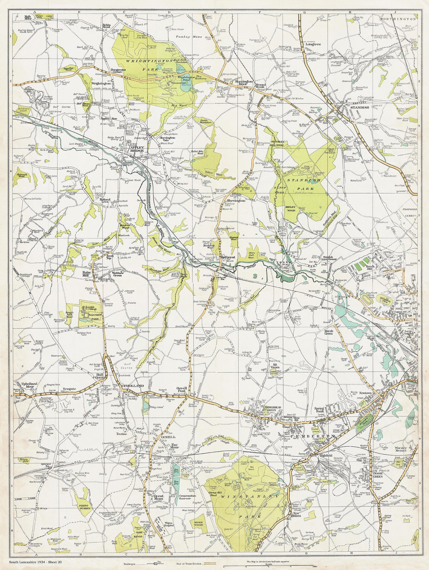 Lancashire (south) 1934 Series - Appley Bridge, Standish, Wigan (west), Upholland, Orrell, Pemberton, Lamberhead Green, Goose Green area - sheet 20