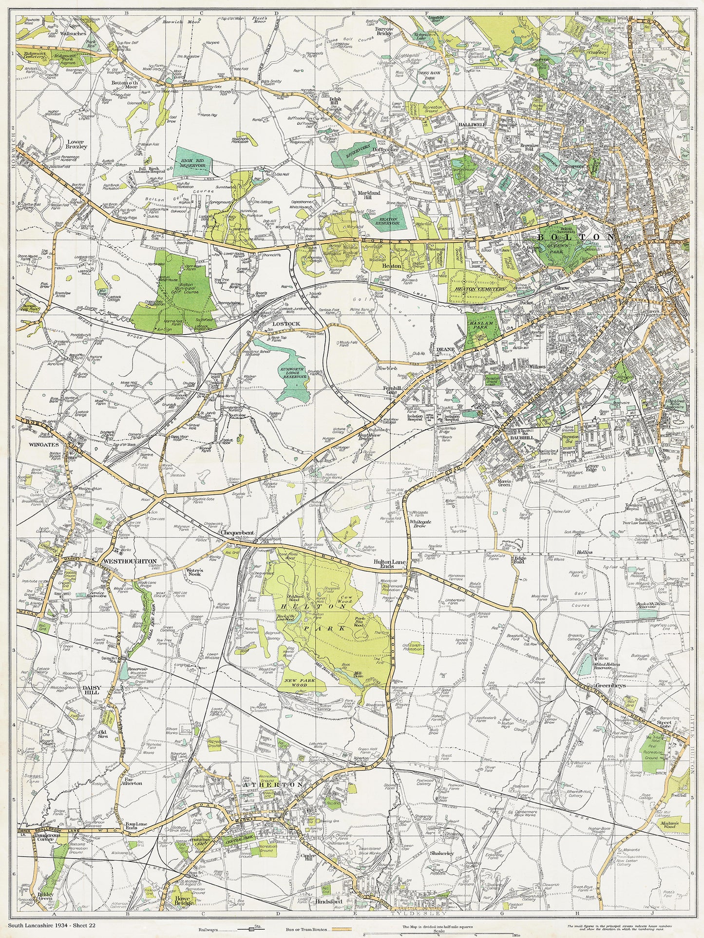 Lancashire (south) 1934 Series - Bolton (west), Lostock, Westhoughton, Wingates, Atherton, Tyldesley (north) area - sheet 22