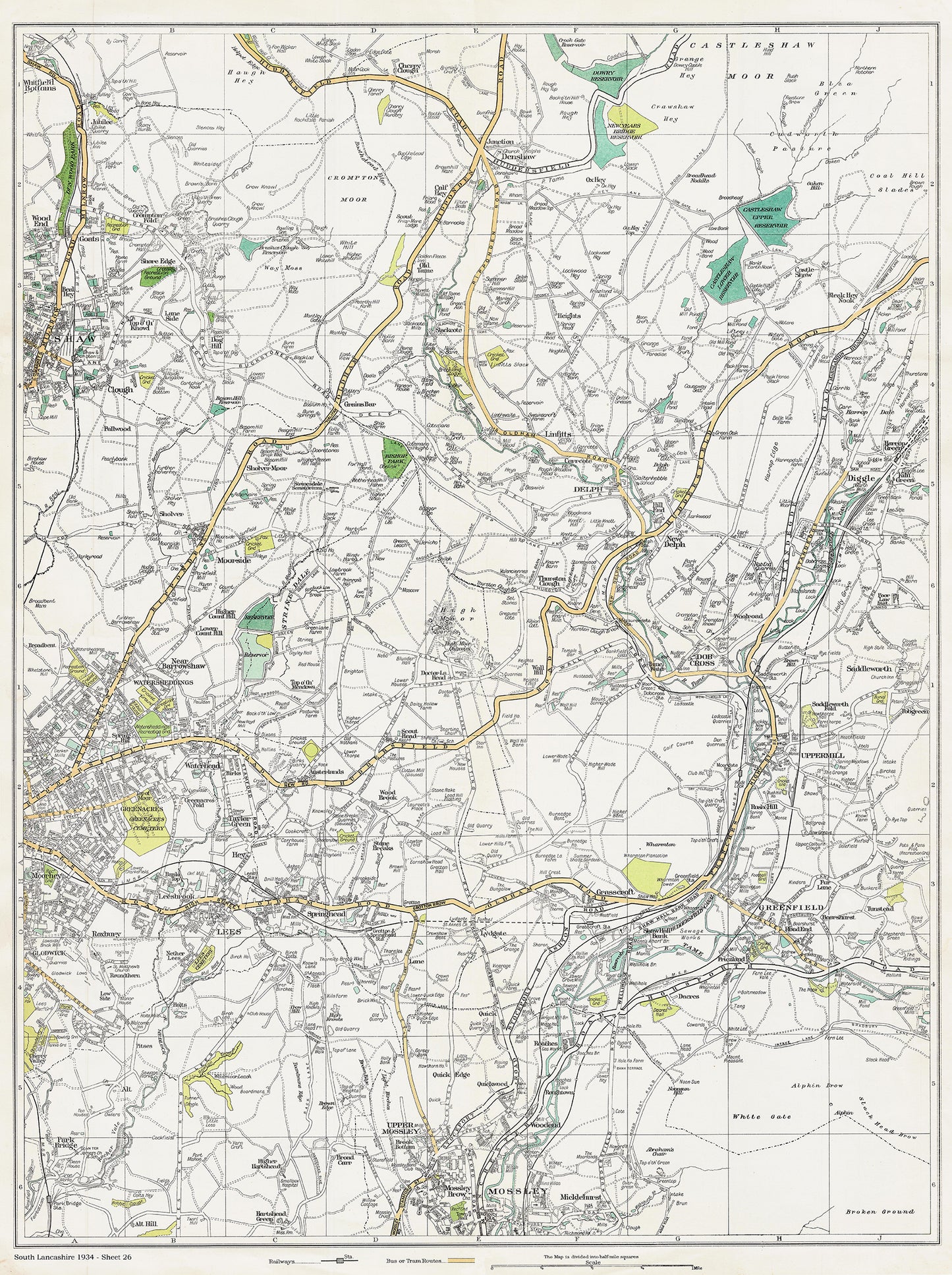 Lancashire (south) 1934 Series - Oldham (E), Shaw (E), Delph, Dob Cross, Uppermill, Diggle, Watersheddings, Lees, Greenfield, Mossley (N) area - sheet 26
