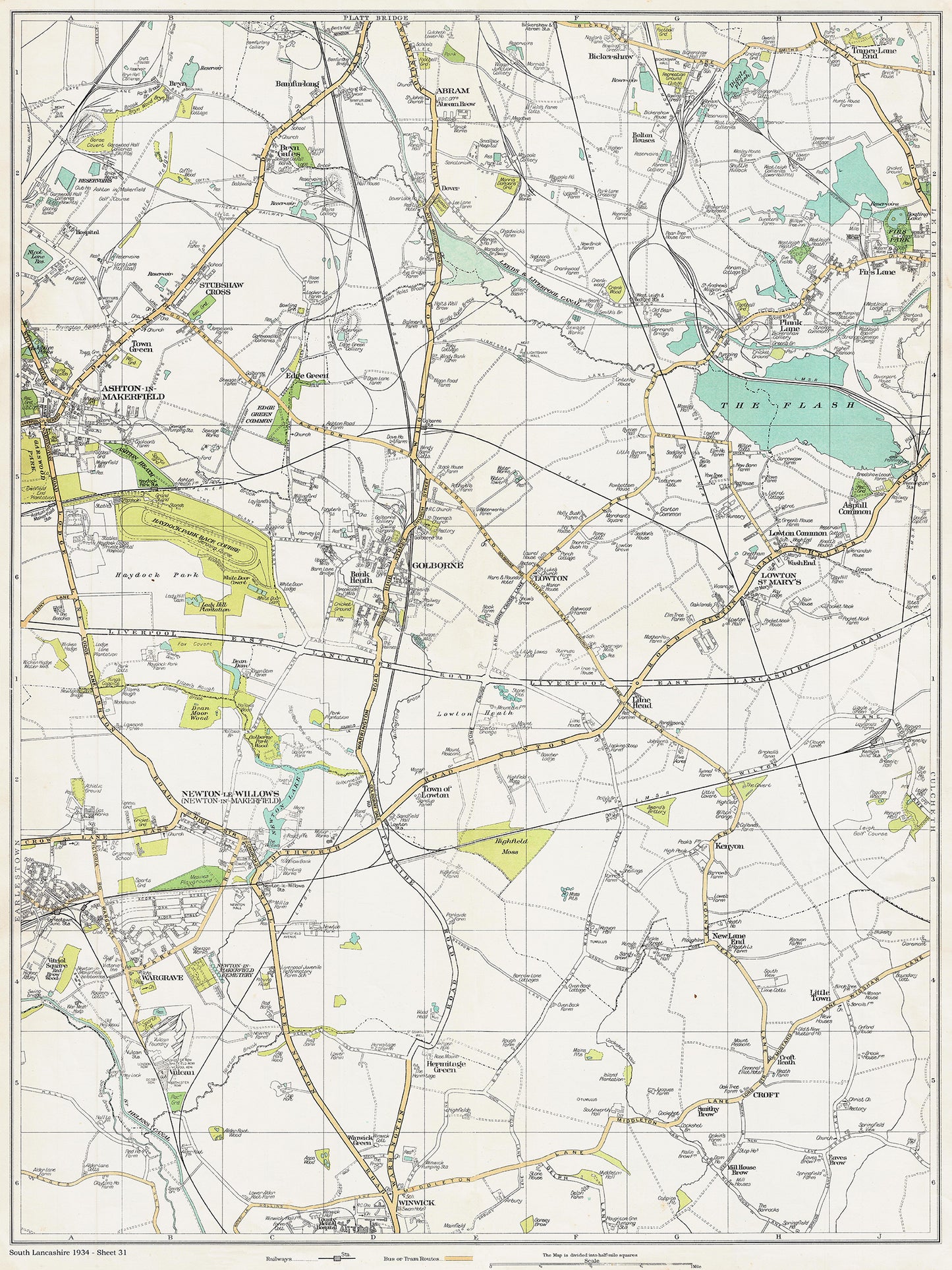 Lancashire (south) 1934 Series - Ashton-in-Makerfield (east), Stubshaw Cross, Abram, Leigh (west), Lowton St Mary's, Lowton, Golborne, Newton-le-Willows, Wargrave, Croft area - sheet 31