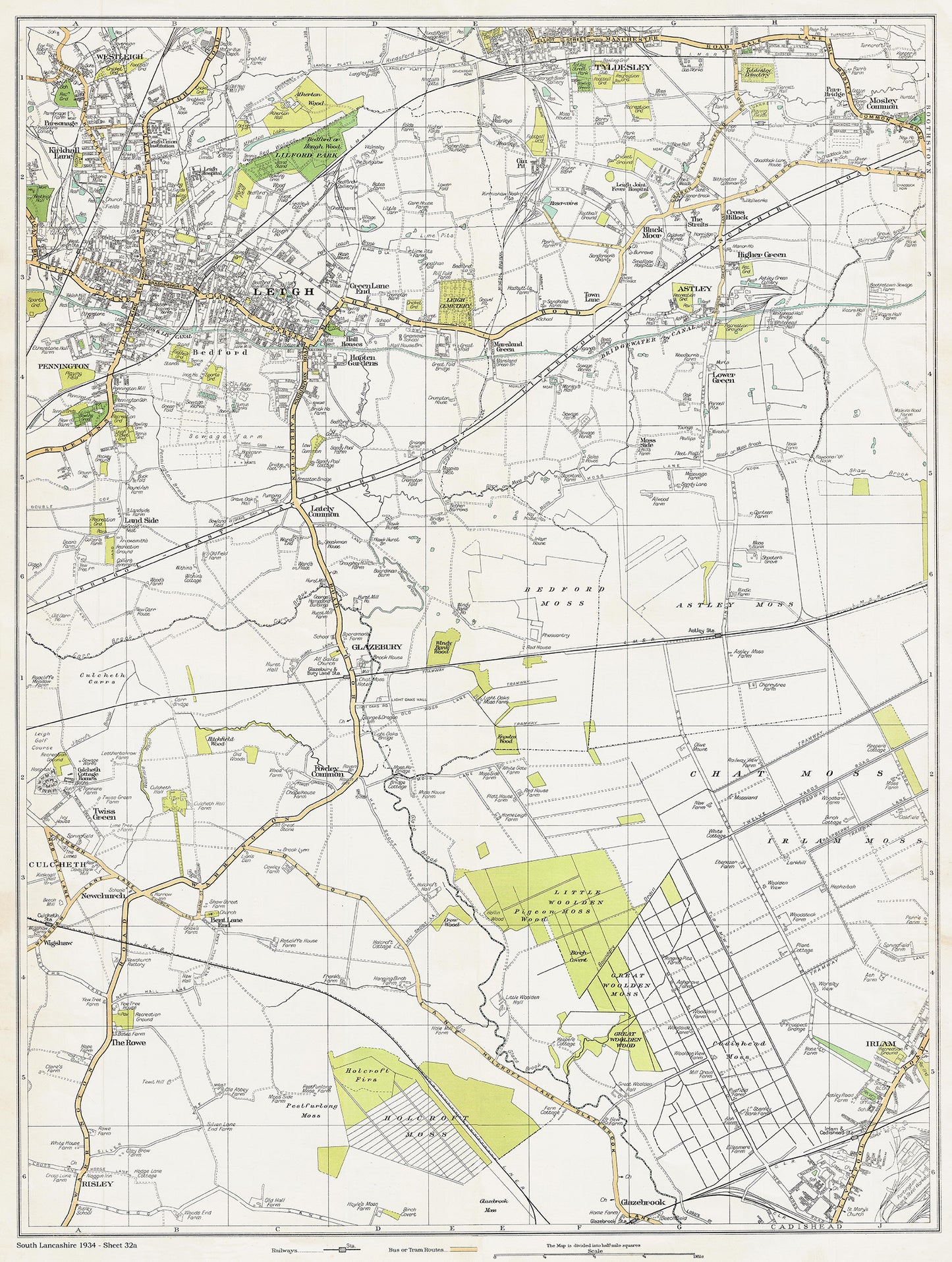 Lancashire (south) 1934 Series - Leigh (east), Tyldesley (south), Astley, Glazebury, Cadishead (north) area - sheet 32a