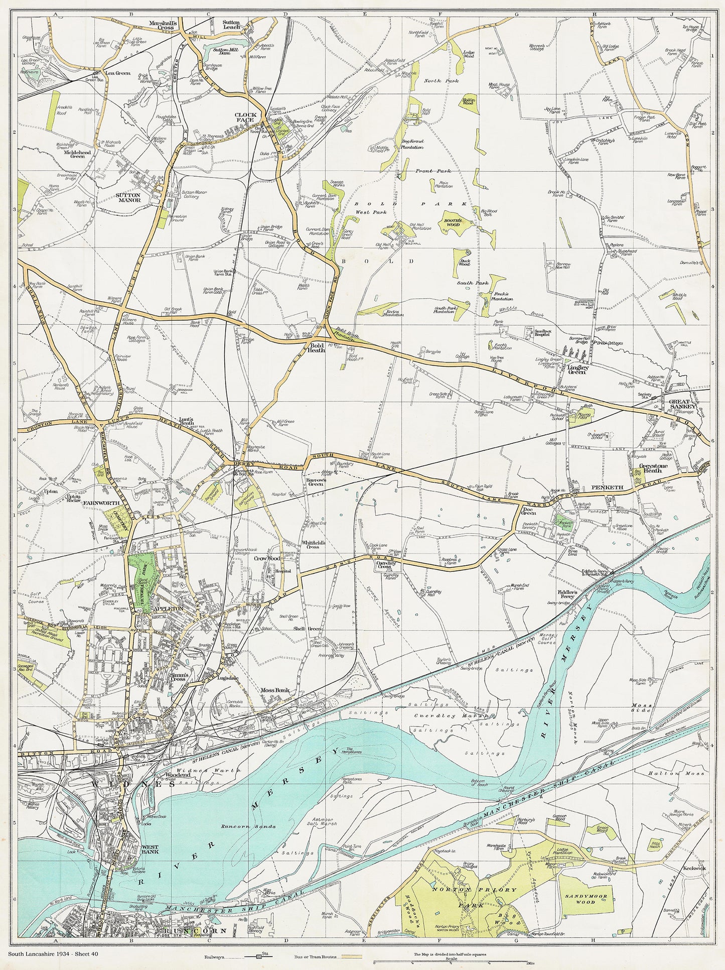 Lancashire (south) 1934 Series - Clock Face, Sutton Manor, Farnworth, Appleton, Widnes, Runcorn (north), Bold Heath, Great Sankey, Penketh area - sheet 40