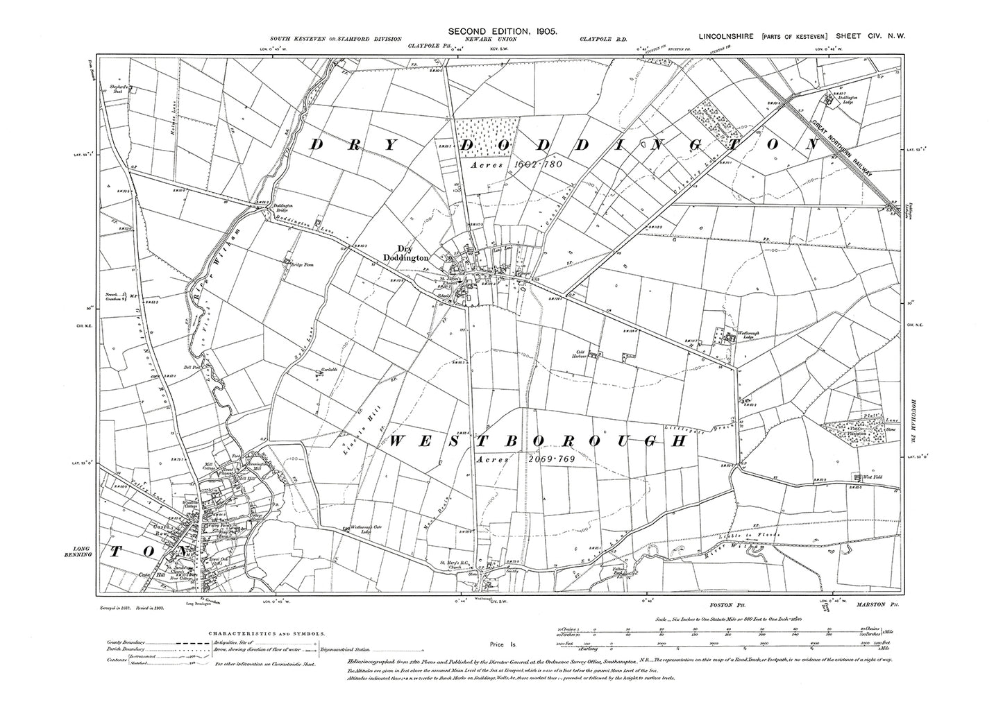 Dry Doddington, Long Bennington (north), Westborough (north), Lincolnshire in 1905 : 104NW