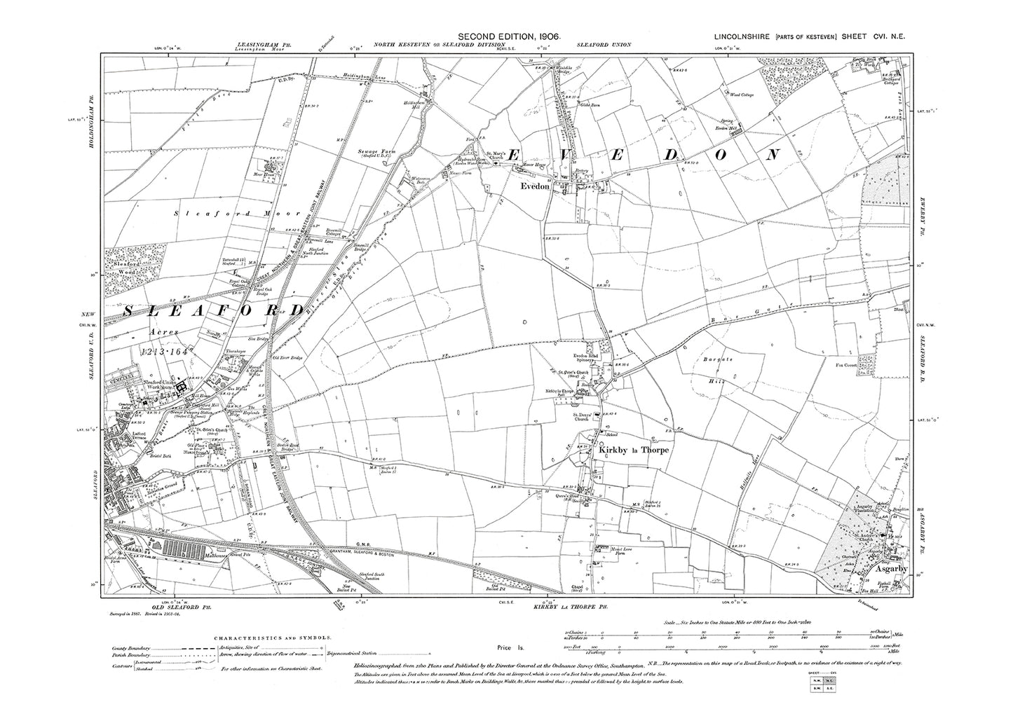 Sleaford (east), Evedon, Kirkby la Thorpe, Asgarby (west), Lincolnshire in 1906 : 106NE